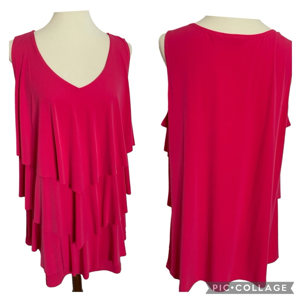 Susan Graver Liquid Hot Pink Plus Tiered Front V Neck Sleeveless Sz 1X